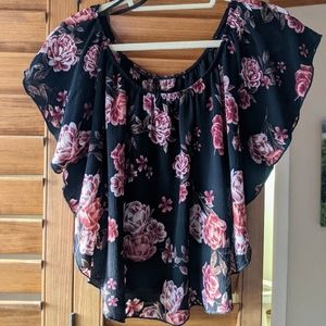 Flowy black bohemian shirt with red & pink flowers from the Bahamas.